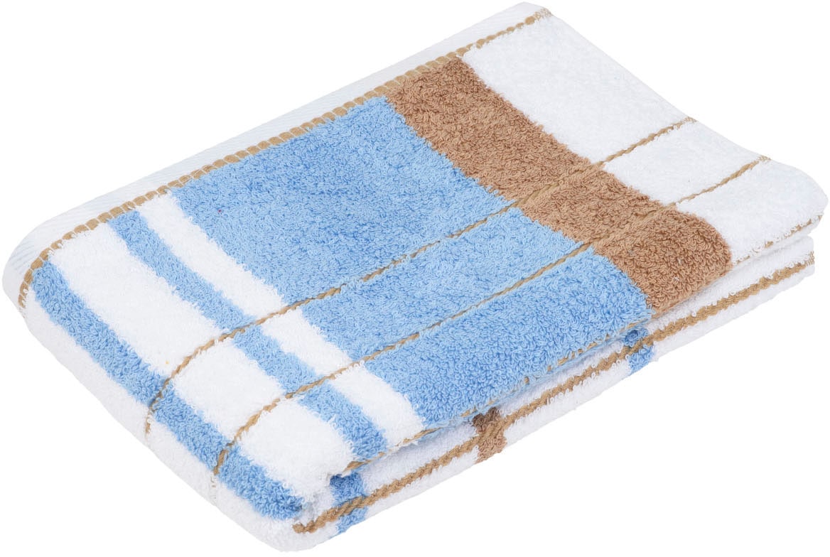 Duschtuch GÖZZE "Berlin Streifen", blau (bleu, bahama, beige), B:70cm L:140cm, Frottier, Obermaterial: 100% Baumwolle, Handtücher