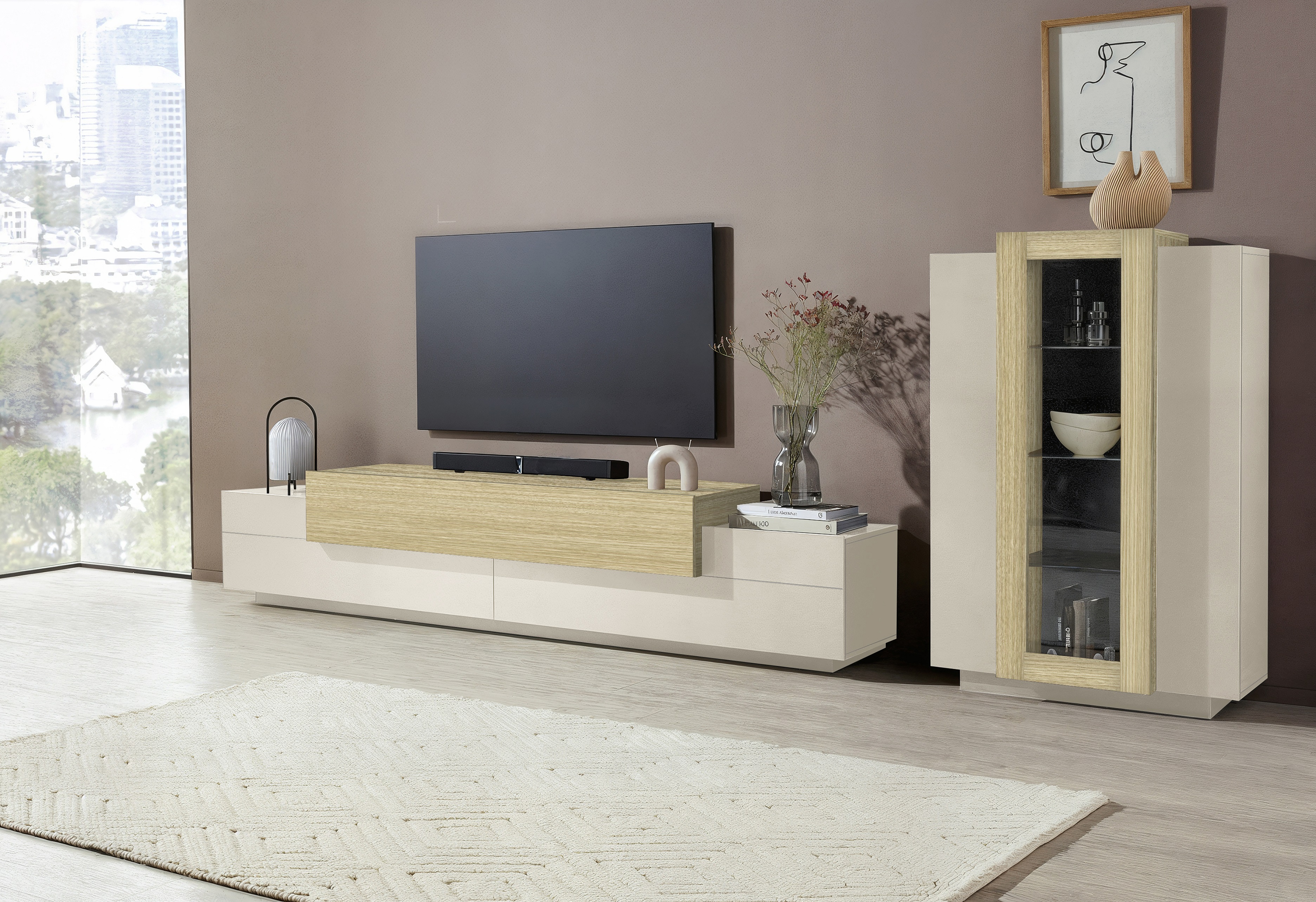 Wohnwand INOSIGN "Coro, Anbauwand, Medienwand", eiche chopin, kaschmir, Glas, Holzwerkstoff, Kastenmöbel-Sets, Lowboard 4 Fächern Breite 200 cm und Vitrine 3 Türen Breite 80 cm