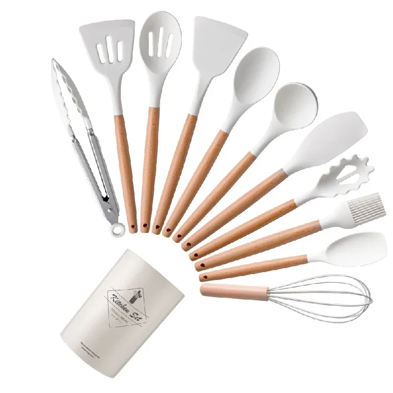 12 pièces ensemble d'ustensiles en Silicone ustensiles de cuisine antiadhésifs spatule pelle batteurs à oeufs manche en bois ustensiles de cuisine cuisine à domicile outils de cuisine