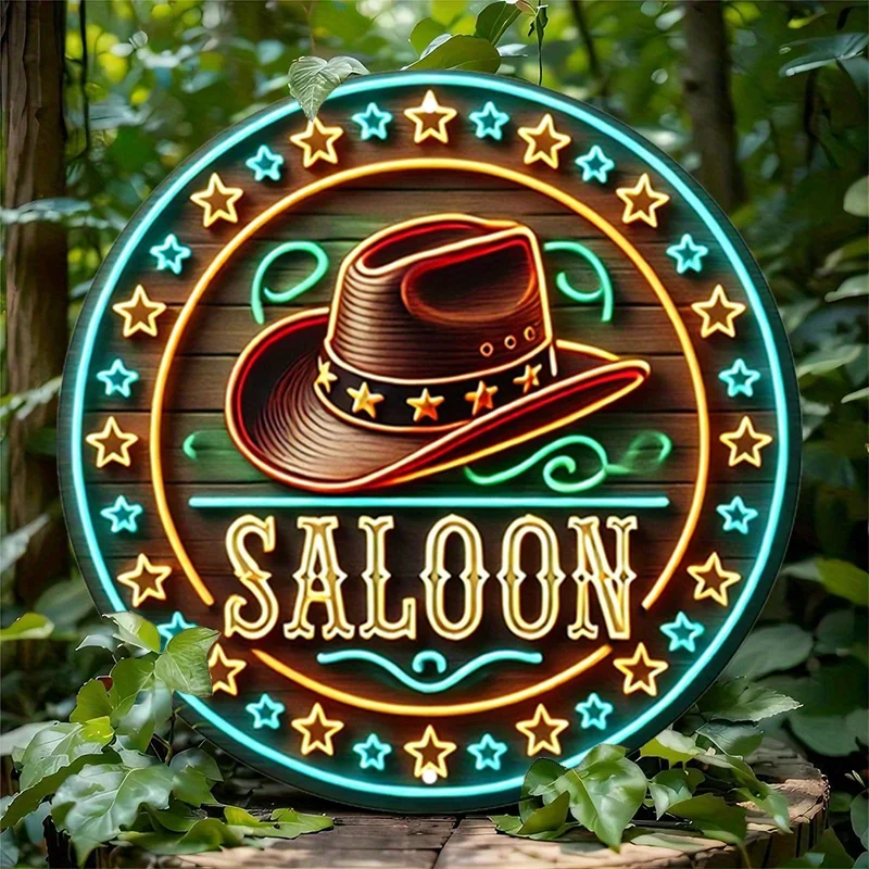 1 Stück Retro Western SALOON Cowboyhut Neonlichteffekt Aluminium Metallschild, runde Wandkunst Dekor für Zuhause, Bar, Café, Garage - Vi Image