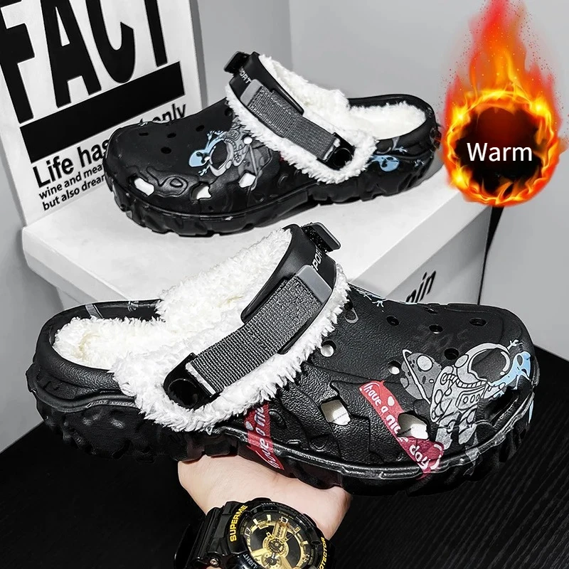 Herren-Winterschuhe, warme Hausschuhe, weiche Innen-Damen-Hausschuhe, abnehmbare Sandalen, Herren, rutschfeste Plüschfell-Clogs, große Größe 46, 47