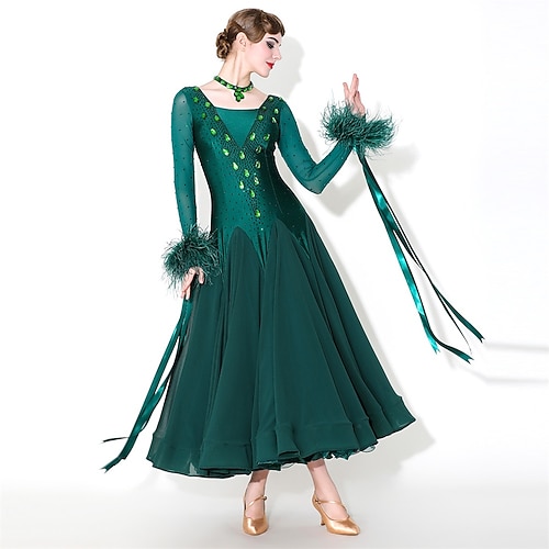 Elegantes smaragdgrünes Ballkleid für Damen mit Federmanschette Strassbesetztes Walzer-, Tango-, modernes Rumba-Wettbewerbskleid Image