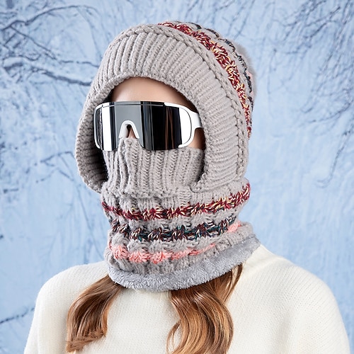 3-in-1-Set: Mütze, Schal und Gesichtsmaske für Damen, fleecegefüttert, warmer Ohrenschutz, ideal für kaltes Wetter, Radfahren und Outdoor-Aktivitäten, kuschelige Strickmütze für Mädchen Image
