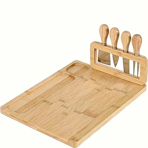 Käsebrett aus Bambus, Käsemesser, Käsehobel, Käsegabel, Schöpflöffel, Küchenhelfer, Schneidebrett aus Bambus, Käsebretter aus Holz Image