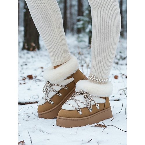 Kamelfarbene Plateau-Schneestiefel für Damen – warme, mit Kunstfell gefütterte Schnürschuhe mit dicker Sohle, bequeme Outdoor-Schuhe für Skiurlaube und Urlaubsoutfits Image