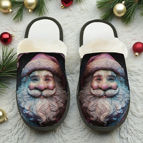 Vintage-Hausschuhe für Herren mit Weihnachtsmannmotiv – warme, flauschig gefütterte Hausschuhe mit klassischem Weihnachtsmuster, gemütliche Winterschuhe für Zuhause und als Weihnachtsgeschenk Image