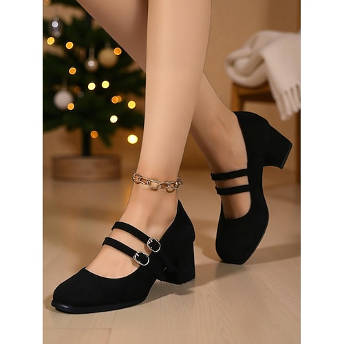Rote Mary-Jane-Pumps im Vintage-Stil der 1950er-Jahre mit doppelten Riemchen – bequeme Blockabsätze für Weihnachten, festliche Anlässe und das Büro. Image