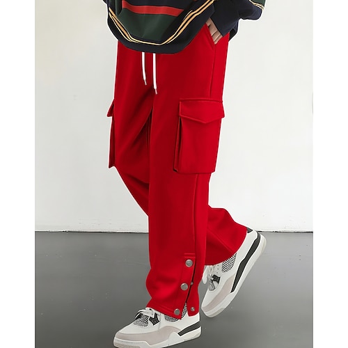 Herren Cargo-Jogginghose Jogginghose Hose Kordelzug Tasche Elastischer Bund Einfach Komfort Sport im Freien Täglich Mode Lässig Schwarz Rote Mikroelastisch Image