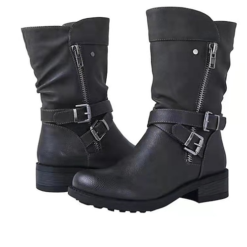 Damen-Bikerstiefel mit halbhoher Wade – rote Motorradstiefel aus Kunstleder mit doppelten Schnallenriemen und seitlichem Reißverschluss, perfekt für lässige Herbstoutfits, Outdoor-Abenteuer und urbane Streetwear Image