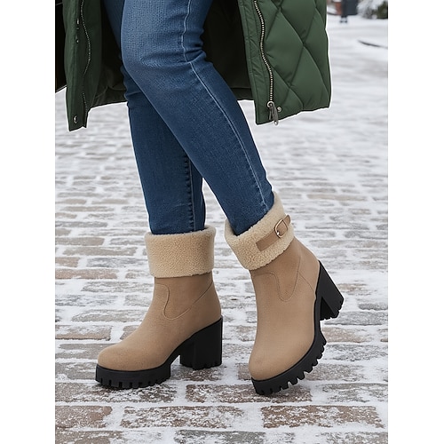 Winterstiefel mit Blockabsatz für Damen – knöchelhohe Stiefeletten aus Kunstfell mit Schnallenriemen, warm, rutschfest und modisch für Freizeit und Outdoor-Aktivitäten Image