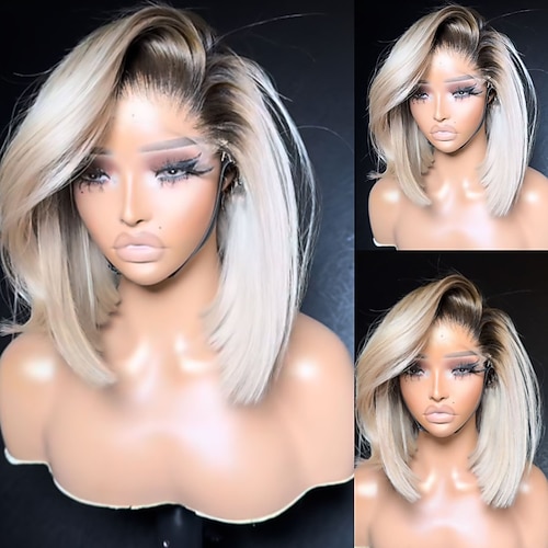 Unbehandeltes Echthaar 5x5 Verschluss 13x4 Spitzenfront Perücke Kurzer Bob Brasilianisches Haar Natürlich glatt Blond Mehrfarbig Perücke 130% 150% Haardichte mit Babyhaaren Ombre-Haar Natürlicher Image