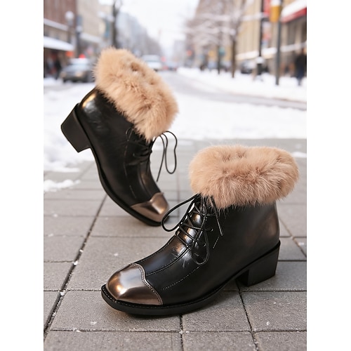 Braune Schnürstiefeletten für Damen mit Kunstpelzbesatz – stylische Winterstiefel, perfekt für Schnee, den Alltag und Reisen Image