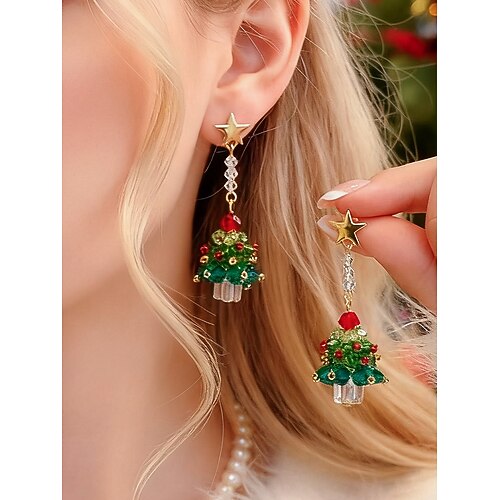 Weihnachtlicher Acrylschmuck für Damen – festliche Baumkette und Ohrringe mit roten Schleifen, perfekt für Weihnachtsfeiern und Feste. Image