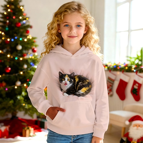 Weihnachten Mädchen 3D Grafik Katze Kapuzensweatshirt Langarm Herbst Winter Mode Niedlich Basic Kinder 4-12 Jahre Mit Kapuze Outdoor Lässig Täglich Normale Passform Image
