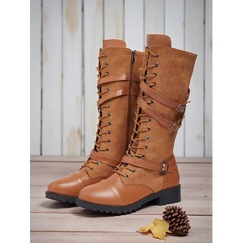 Damen-Schnürstiefel bis zum Knie – braune Kampfstiefel aus Kunstleder mit Schnallenriemen, Vintage-Reitstiefel für Herbst und Winter Image