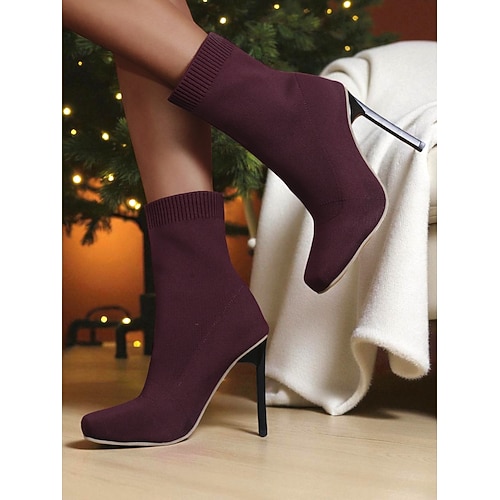 Weiße Flyknit-Stiefeletten mit hohem Absatz für Damen im Sockenstil – moderner, schicker Stil, perfekt für Weihnachtsfeiern, Abendveranstaltungen und Wintermode. Image