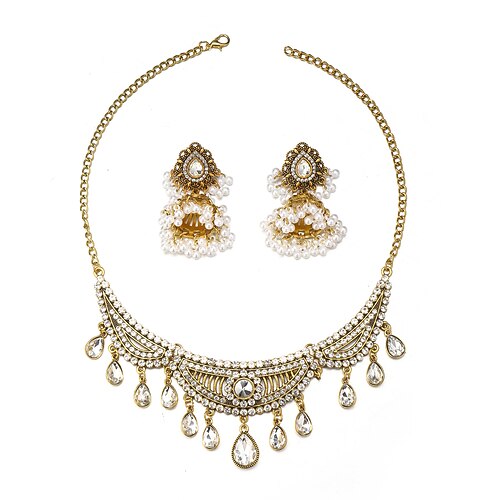 Elegantes, vergoldetes Choker-Halsketten- und Ohrringset mit mehrfarbigen Edelsteinen und Perlen Image