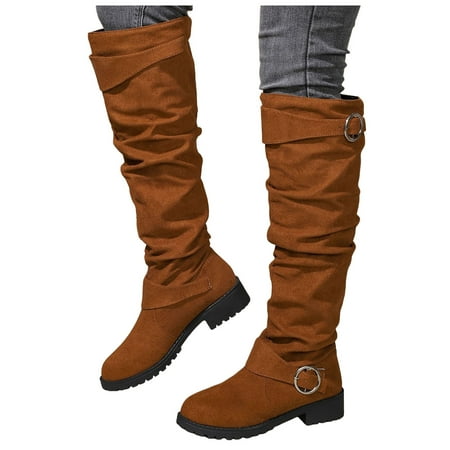 Dakaela Women s Knee High Boots Wide Calf Platform Slouchy Flat Tall Boot Chunky Low Heel Buckle Winter Motorcycle Riding Shoes Brown 7