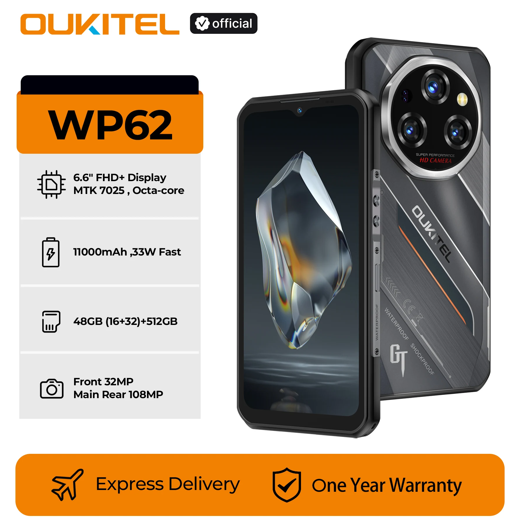 Oukitel WP62 5G Rugged Smartphone Android 15, 6.6