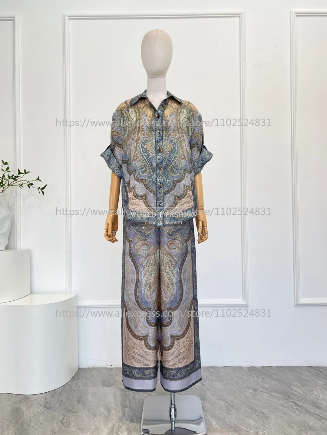 Marineblaues Paisley-Print Kurzarm-Blusen-Oberteil und Hosen-Set 2025 Neues Design Image