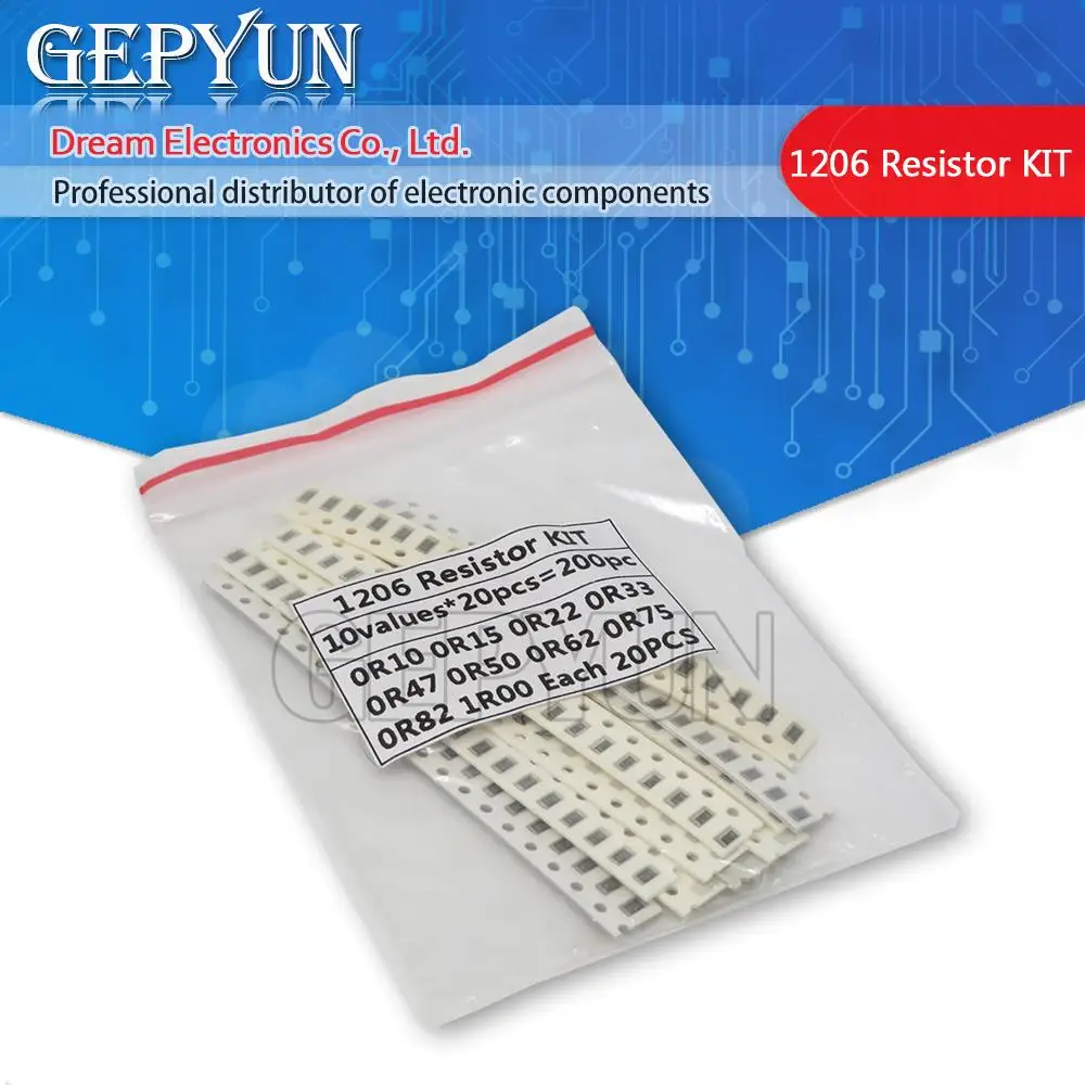 200 Stück 1 % 1206 SMD-Widerstände, sortiertes Kit-Set, 10 Wert x 20 Stück = 200 Stück 1R00 R820 R750 R620 R500 R470 R330 R220 R150 R100 Image