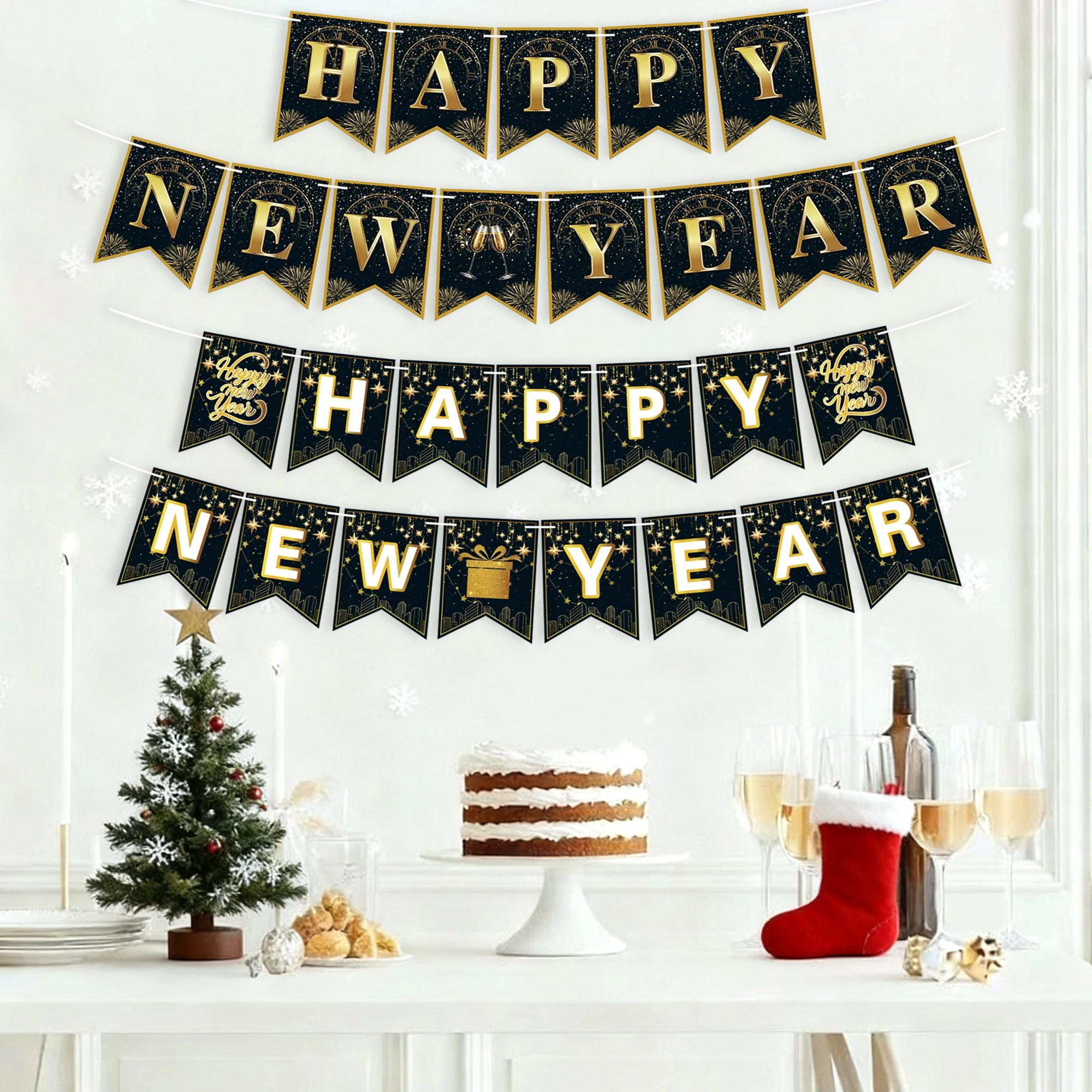 1 Satz Frohes Neues Jahr Alphabet Pull-Up-Banner Neujahr Feuerwerk Pull-Up-Banner Bunte Pull-Up-Banner Horizontale Banner Image