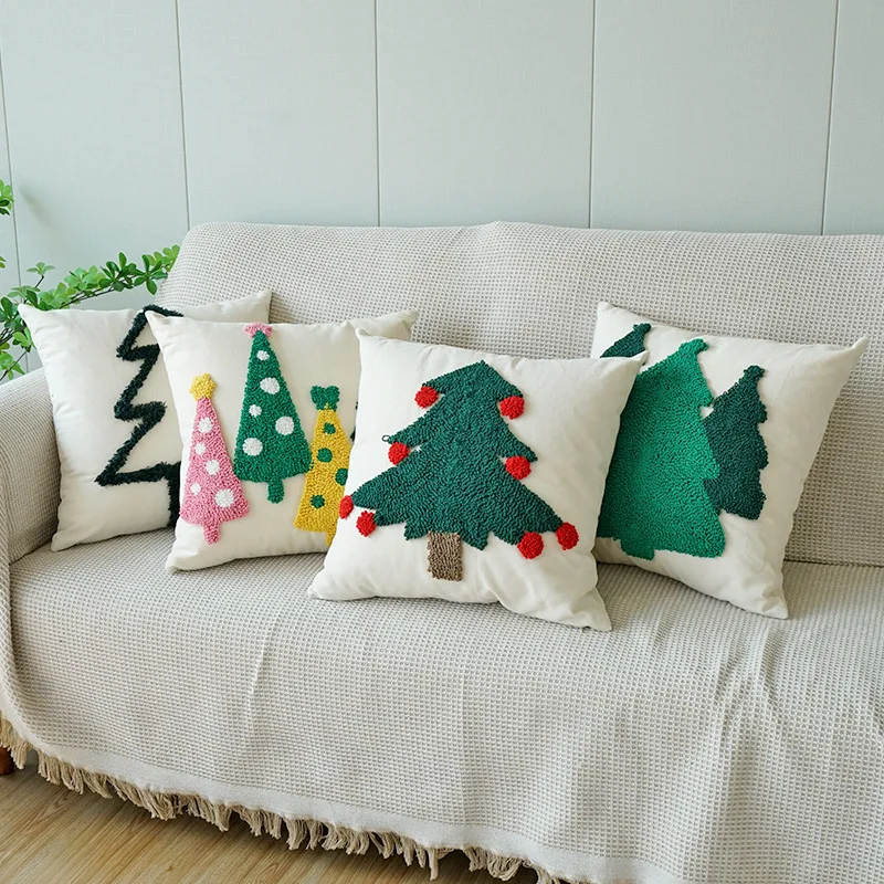 Festlicher flauschiger Weihnachtsbaum-Kissenbezug, bestickter Urlaubskissenbezug, weihnachtliche dekorative Sofakissenbezüge, 45 x 45 cm Image