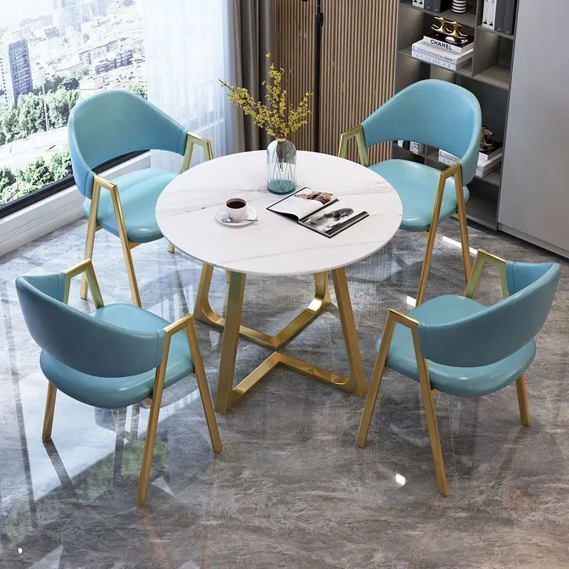 Ensemble de Table à manger ronde en marbre et dalle de roche, design de luxe, 4 ou 6 chaises, meubles Mesa Tavoli, Meuble Marbre, Base dorée en acier inoxydable