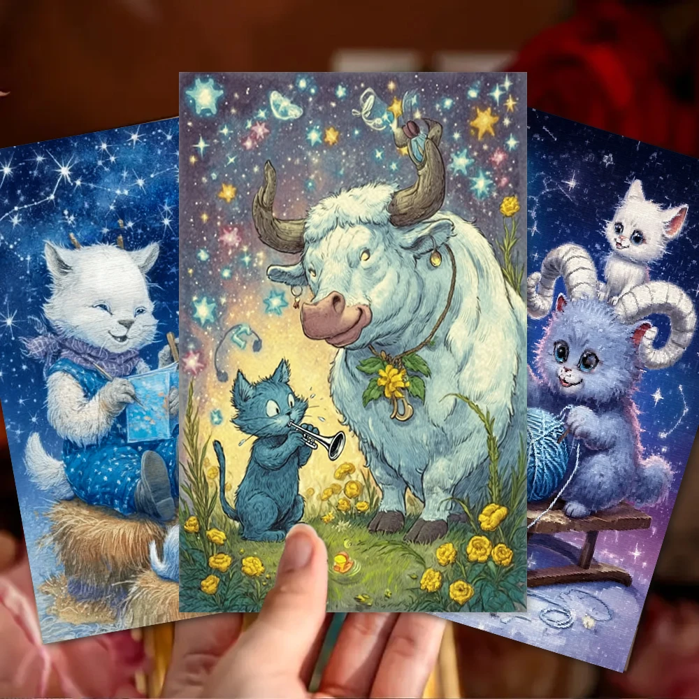 32pcs, cartoon zodiac cat postcard, birthday/anniversary gift, collectible, suitable for gift-giving, can be mailed.
