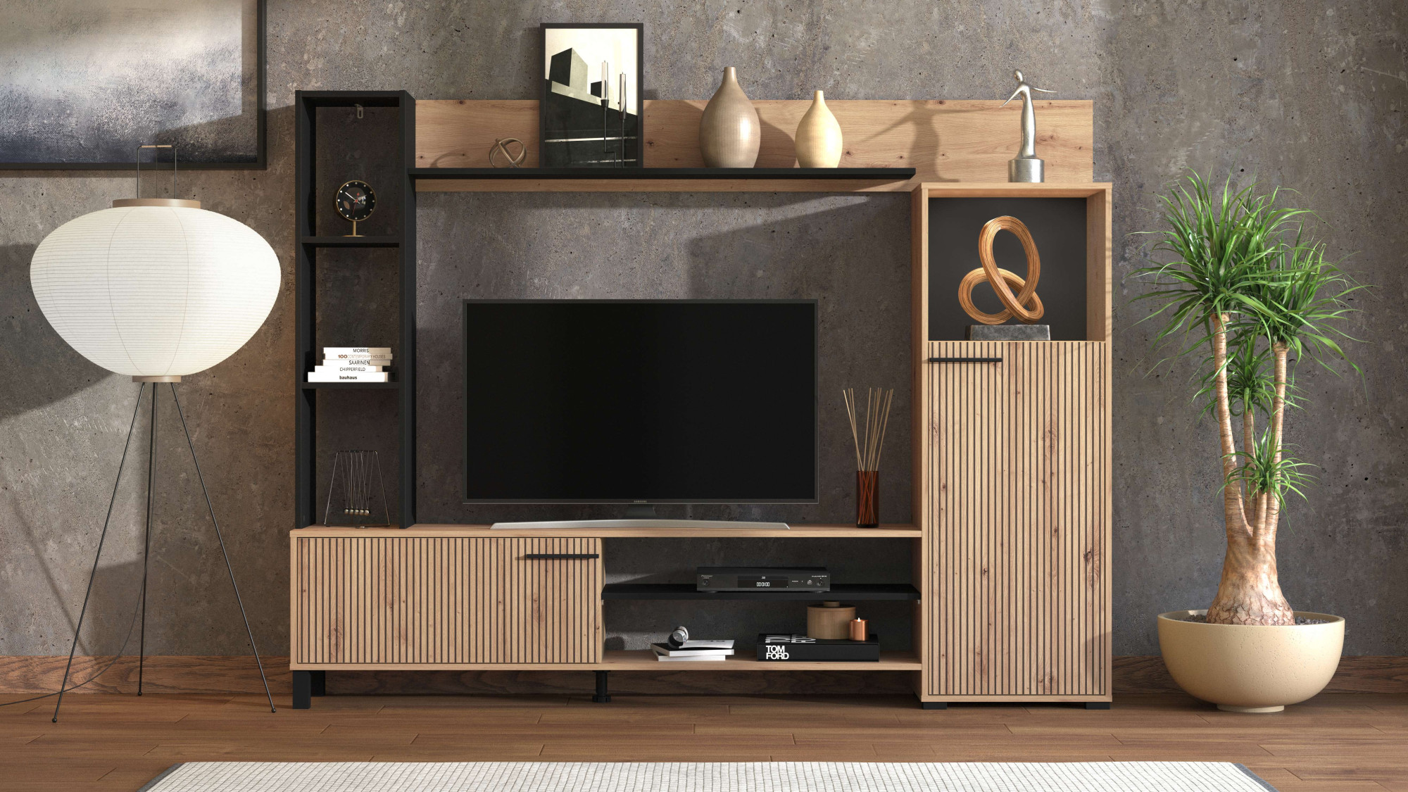 Wohnwand INOSIGN "Retimno, inkl. Highboard, TV-Board, Standregal und Wandregal", artisan eiche stripes, B:207,5cm H:157,5cm T:33cm, Hartfaserplatte, Kunststoff, Metall, Spanplatte, Kastenmöbel-Sets, Wohnwand, 208 cm, Trendfarben, mit dekorativen...