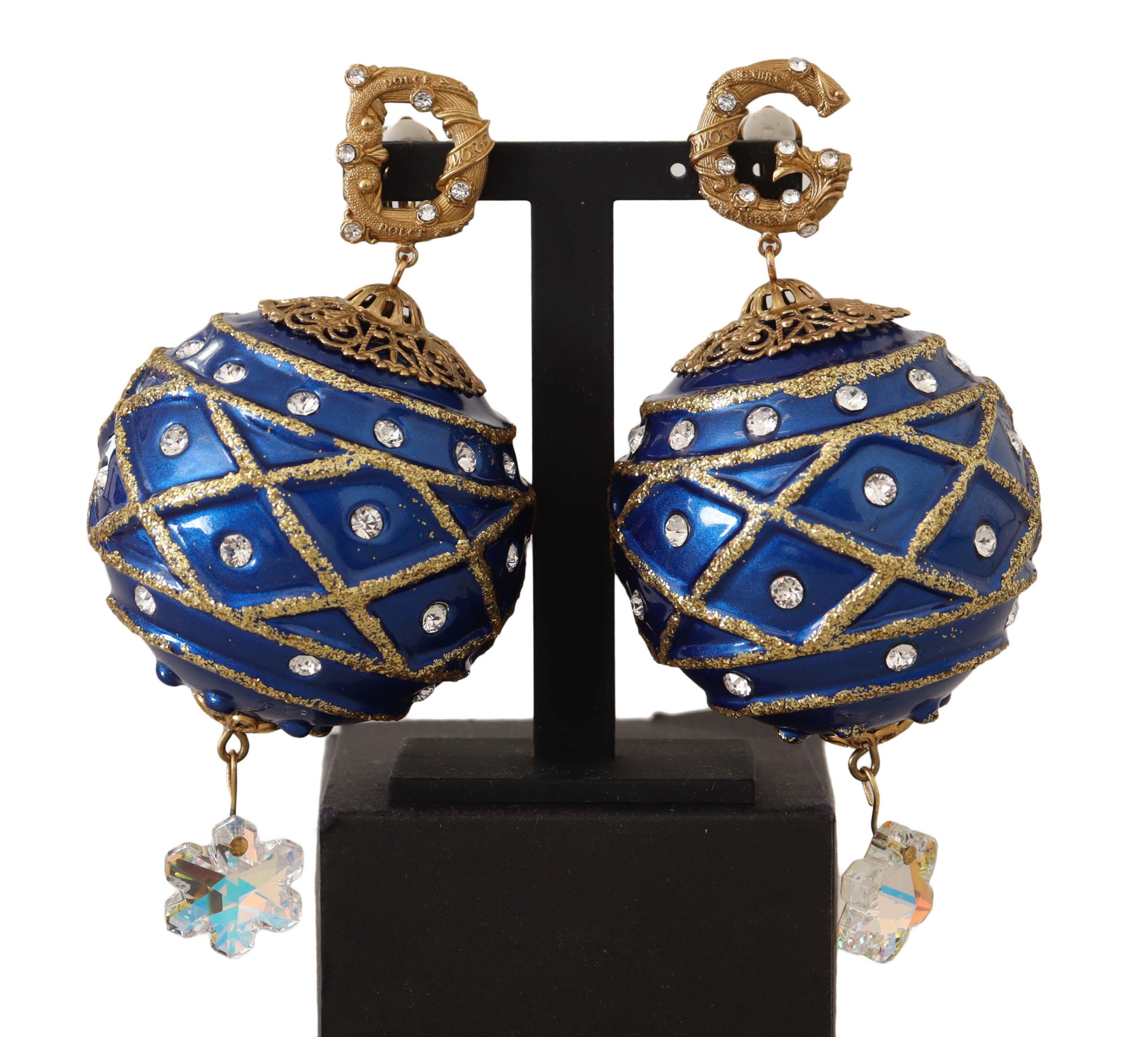 Dolce & Gabbana Gold Brass Blue Christmas Ball Crystal Clip sur les boucles d'oreilles pour femmes