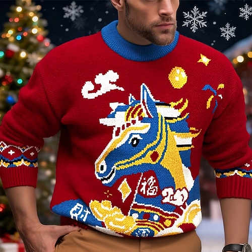 Homme Chandails de Noël Pull Pull Fair Isle Pull Tricoté Côtelé Tricoter Hauts Réguliers Jacquard Tricoté Coloré Col ras du cou ancien Mode Noël Vacances Vêtement Tenue Automne Hiver Rouge S M L