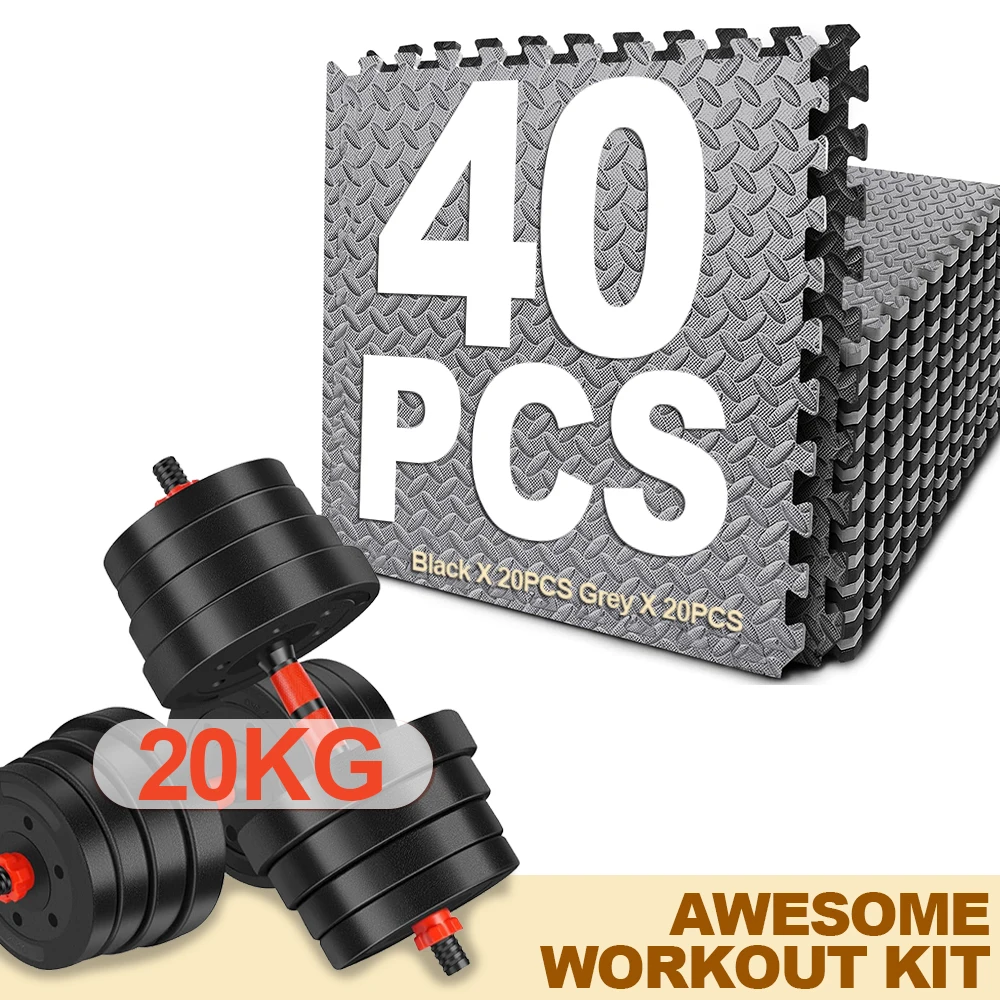 Ensemble de fitness, 40 tapis de fitness en mousse noir et gris associés à des haltères réglables remplis de sable de 20 kg, adaptés à un usage domestique par les amateurs de fitness