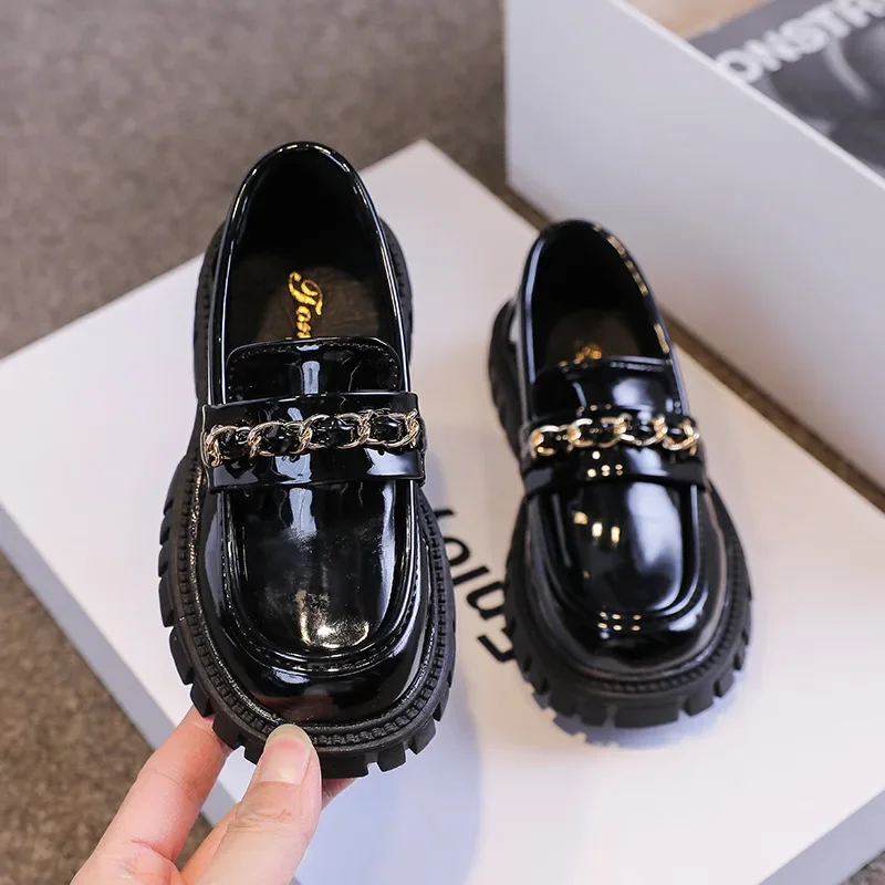 Filles princesse noir mocassins chaussures enfant brillant étudiant chaussures classique chaîne en métal enfants mode décontracté enfant en bas âge britannique Mary Janes