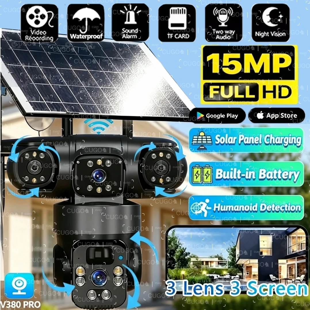 Telecamera IP WiFi Solare da Esterno 15MP con 3 Obiettivi, 3 Schermi, Zoom 10X, Rilevamento Umano PIR, Visione Notturna, Sicurezza CCTV