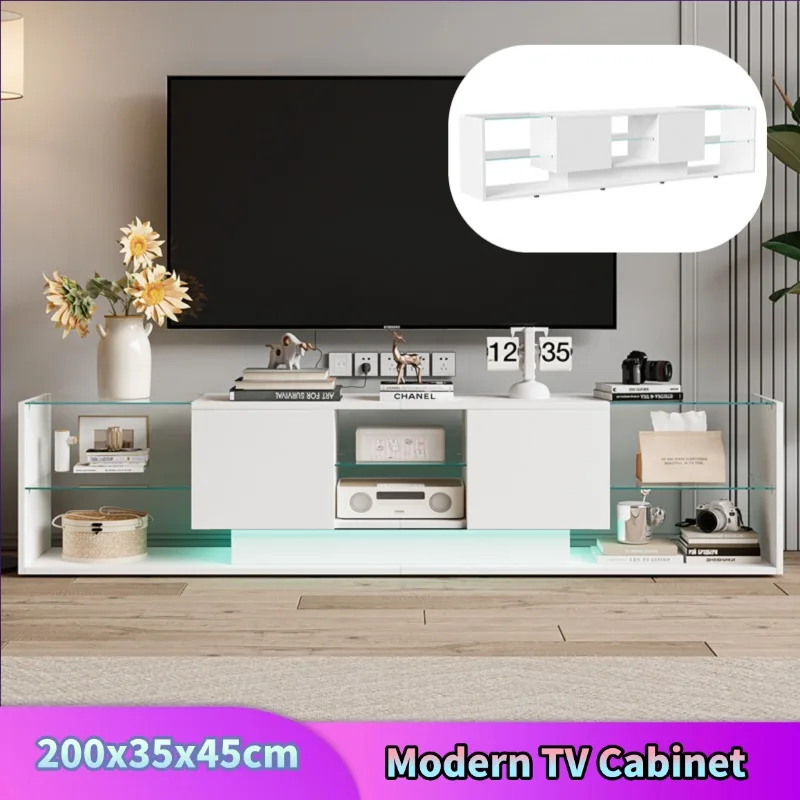 Comanlai Meuble TV moderne 200x35x45 cm, meuble de rangement, table TV, meuble TV, avec éclairage LED, étagères ouvertes et 2 tiroirs