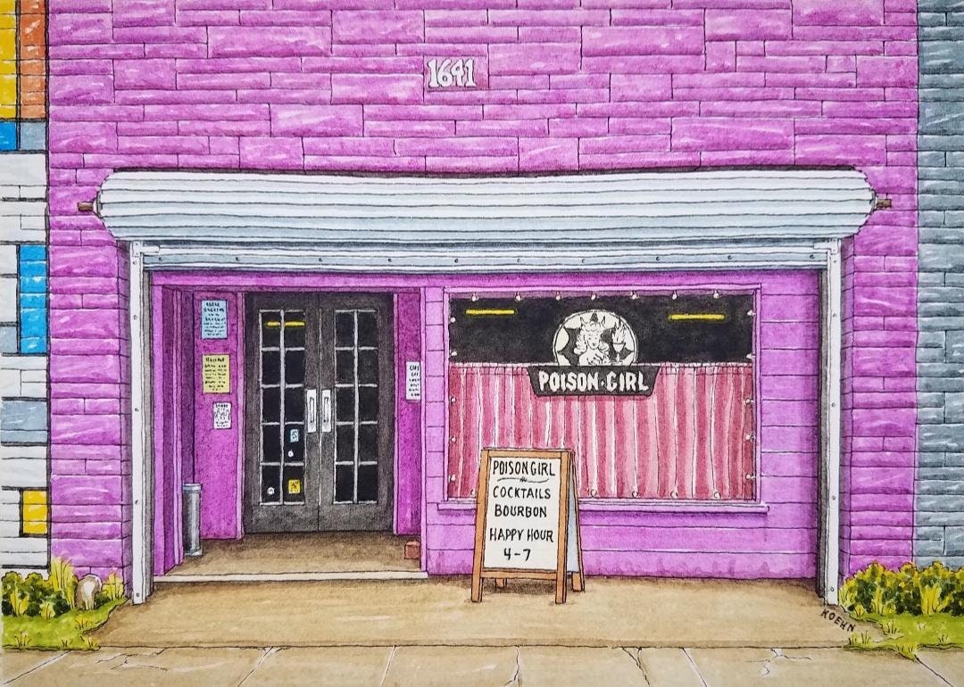 "Ragazza velenosa. 8,5\" x 11\". Houston Texas. Pittura ad acquerello. Stampa d'arte. Sala cocktail. Montrose Houston. Jim Koehn Arte. Arte di Houston."