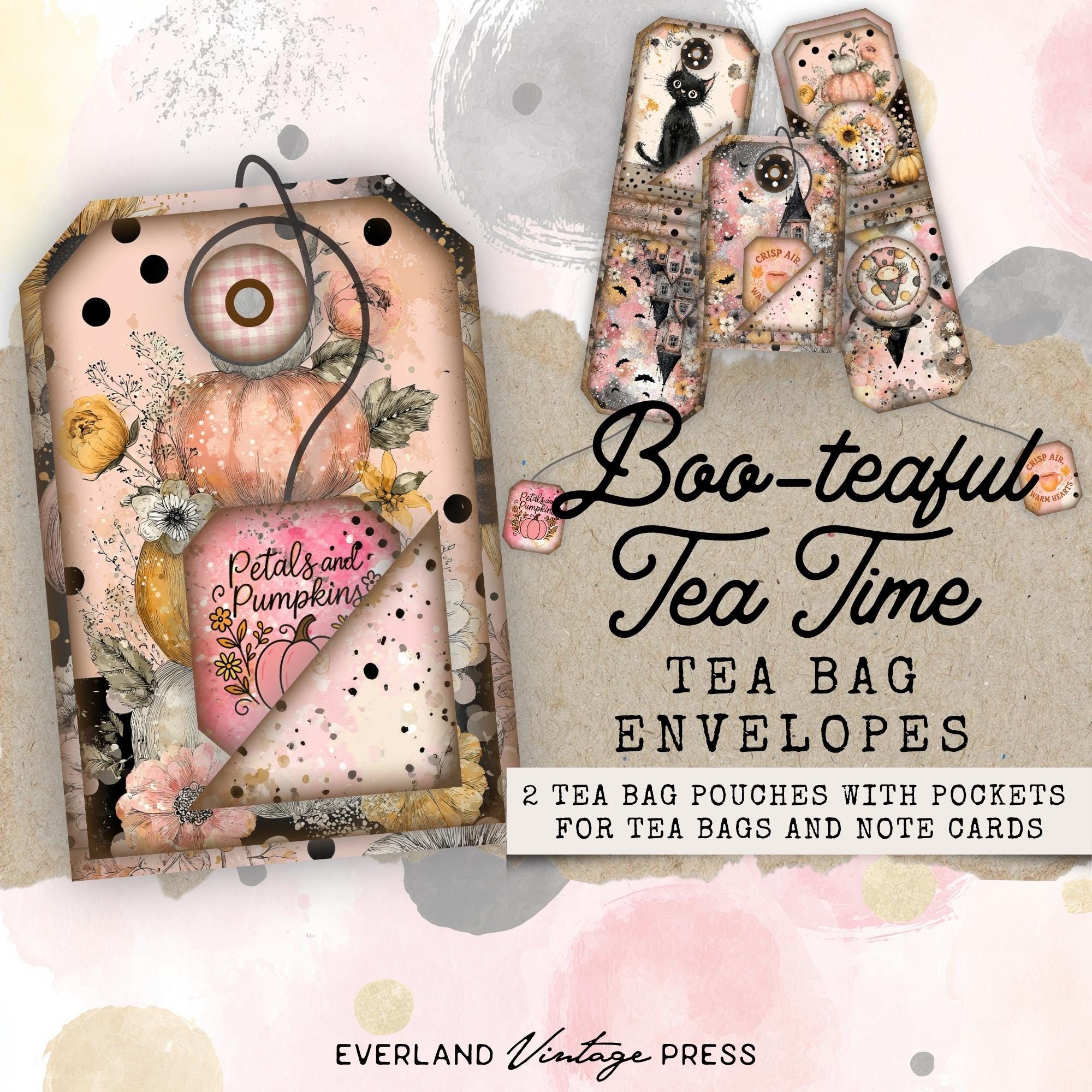Bustina regalo per bustine di tè di Halloween, porta bustine di tè stampabile, bustine per bustine di tè stampabili e fantasiose, kit di diario di Hal