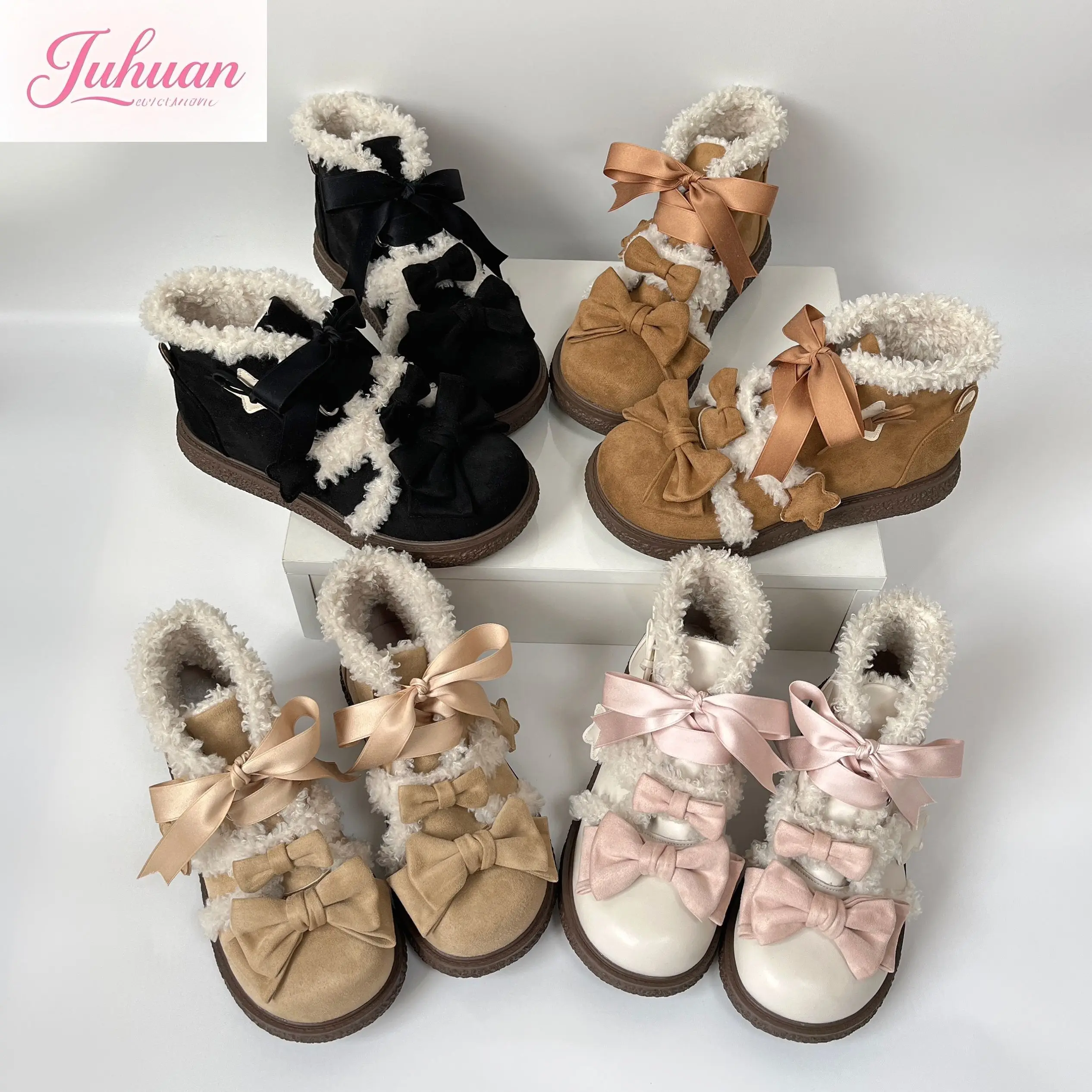 Kawaii Original Lolita Plüsch Baumwolle Schuhe Bogen Nette Lo Schuh frauen Winter Schnee Stiefel Weiche Nette Mädchen Verdickt Warme Damen schuhe