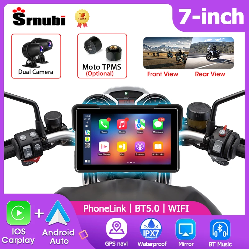Srnubi 7-Zoll-Carplay-Bildschirm für Motorrad-DVR-Navigation, GPS, kabellos, Android, Auto, Airplay, Spiegelverbindung, Motorrad-Monitor mit TPMS Image