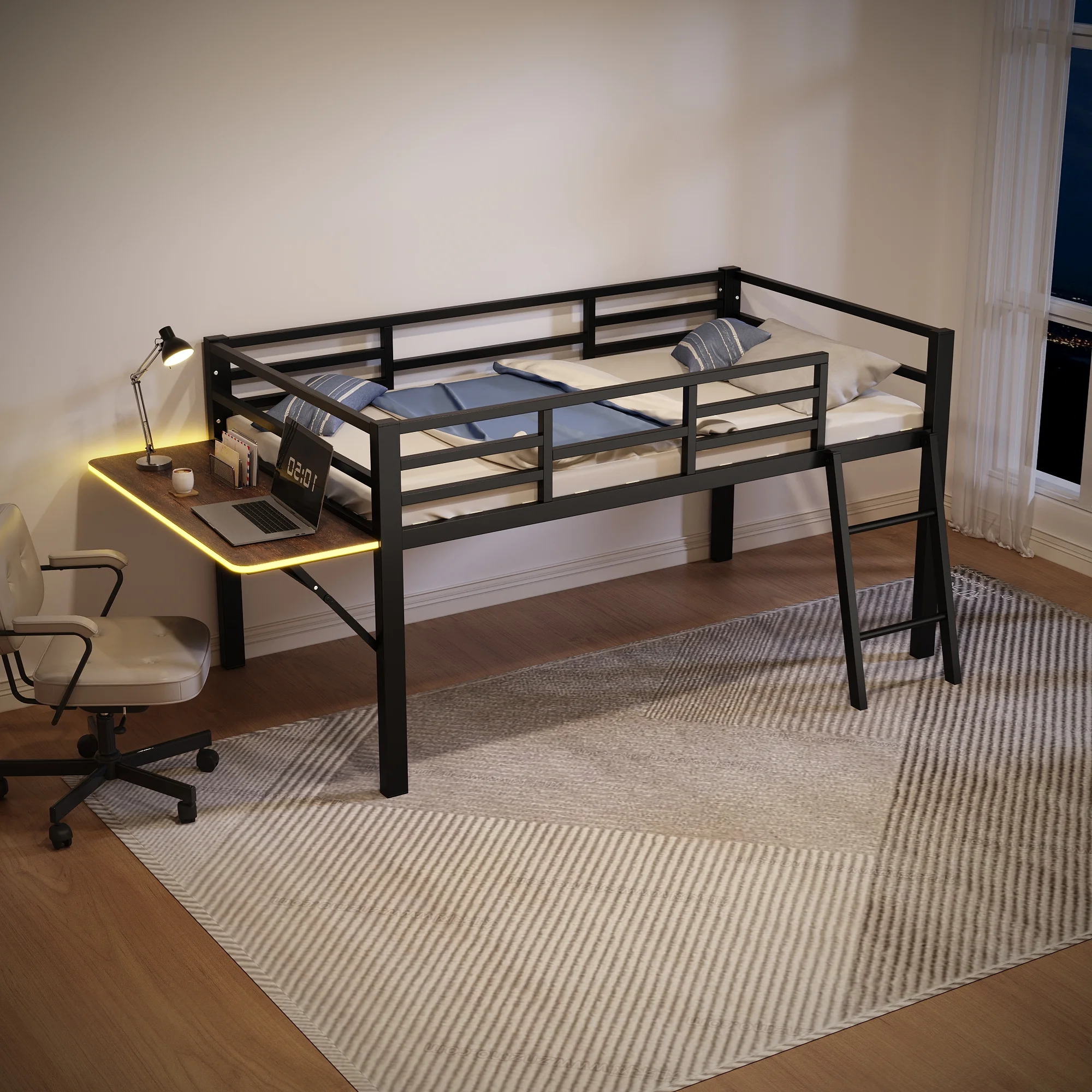 Metallbett Kinderbett mit LED-Lichtern, Faltbarem Schreibtisch, Ergonomischer Leiter, Hohe Tragfähigkeit Image