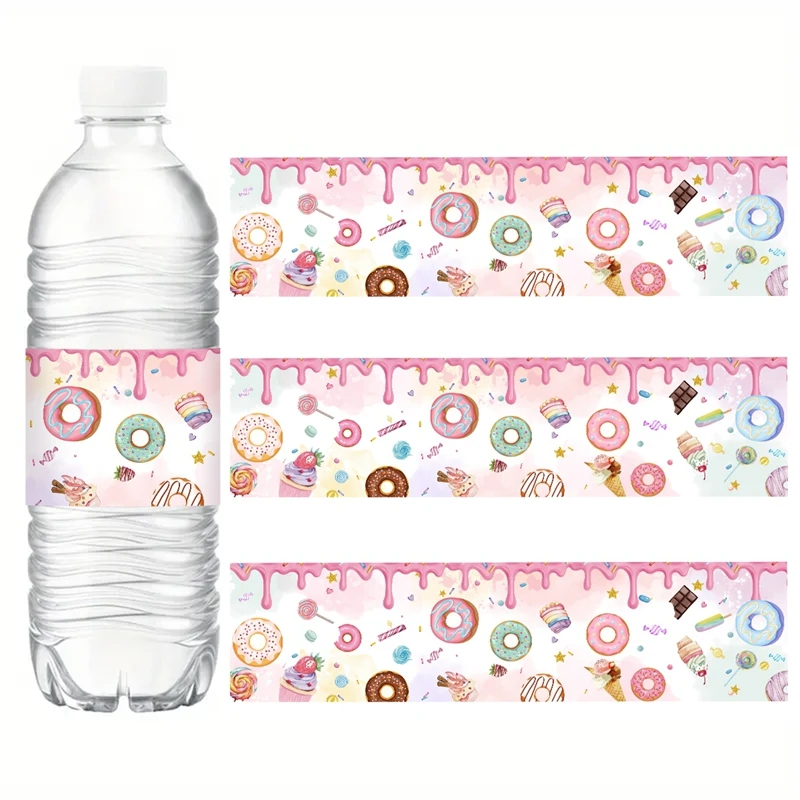 10 Stück Donut Party Wasserflaschen-Aufkleber, Etiketten für Kinder, Eiscreme, Donut-Thema, 1. Geburtstag, Babyparty, Party-Dekorationszubehör Image