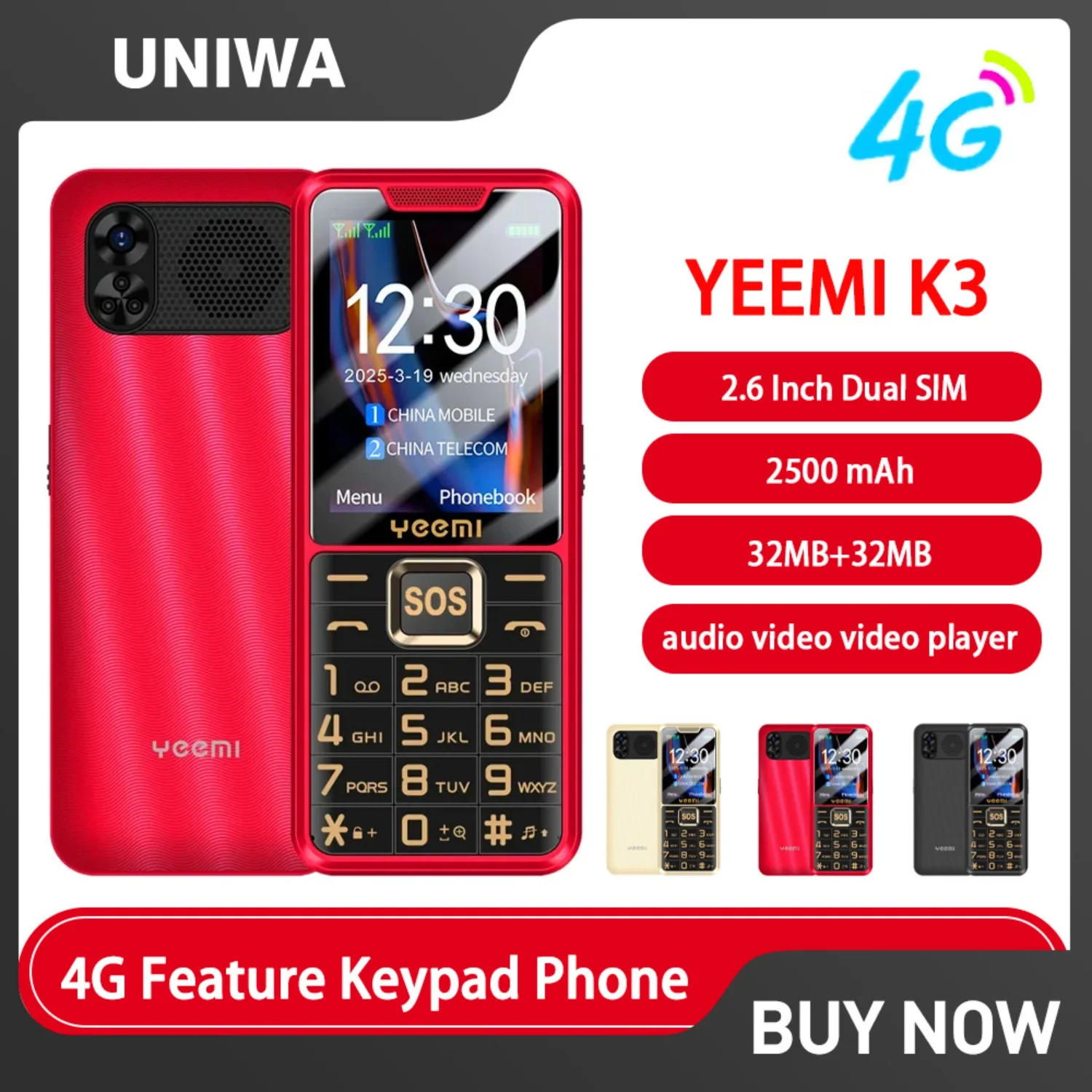 YEEMI K3 4G-Funktionstastatur, Telefon, 2,6 Zoll, Dual-SLM, große Taste, laute Lautstärke für ältere Menschen, 2500 mAh, FM-Radio, hebräische Tastatur, SOS-Video