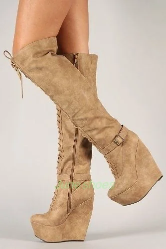 Damen-Overknee-Stiefel aus Wildleder in Schwarz mit Keilabsatz, Schnürung, Kampfstiefel mit Reißverschluss und Schnallenriemen, Plattform, Runway, sexy Wildlederstiefel, Größe