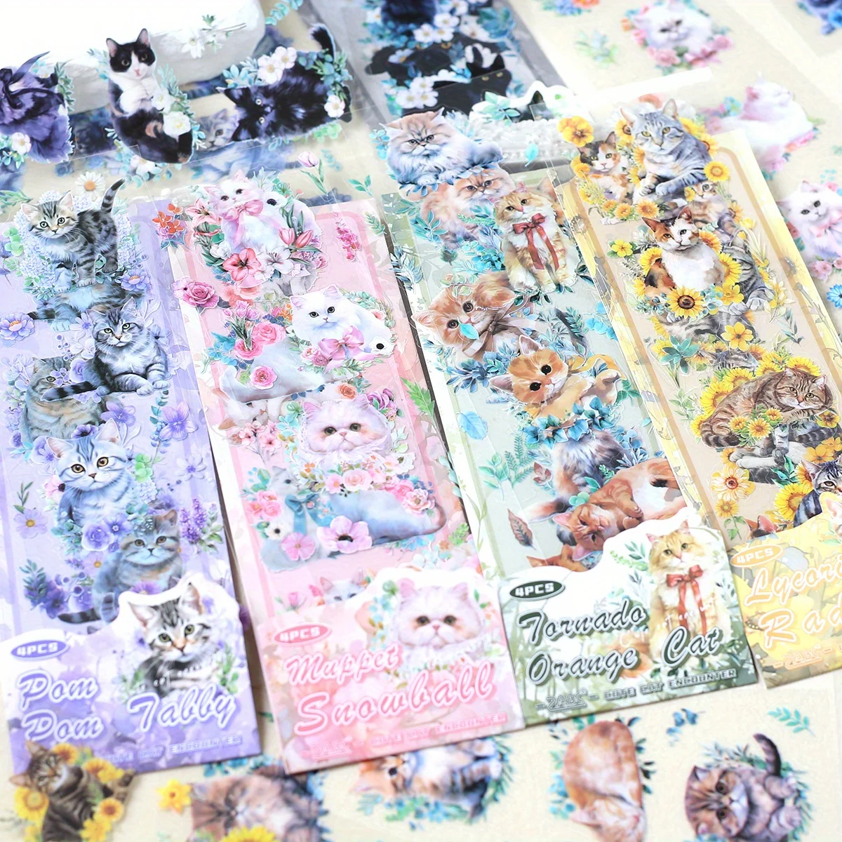Journamm 4 Blatt PET süße Katzen Scrapbook-Aufkleber Tagebuch Collage Aufkleber für Scrapbooking Journaling Junk Journal Crafts Image