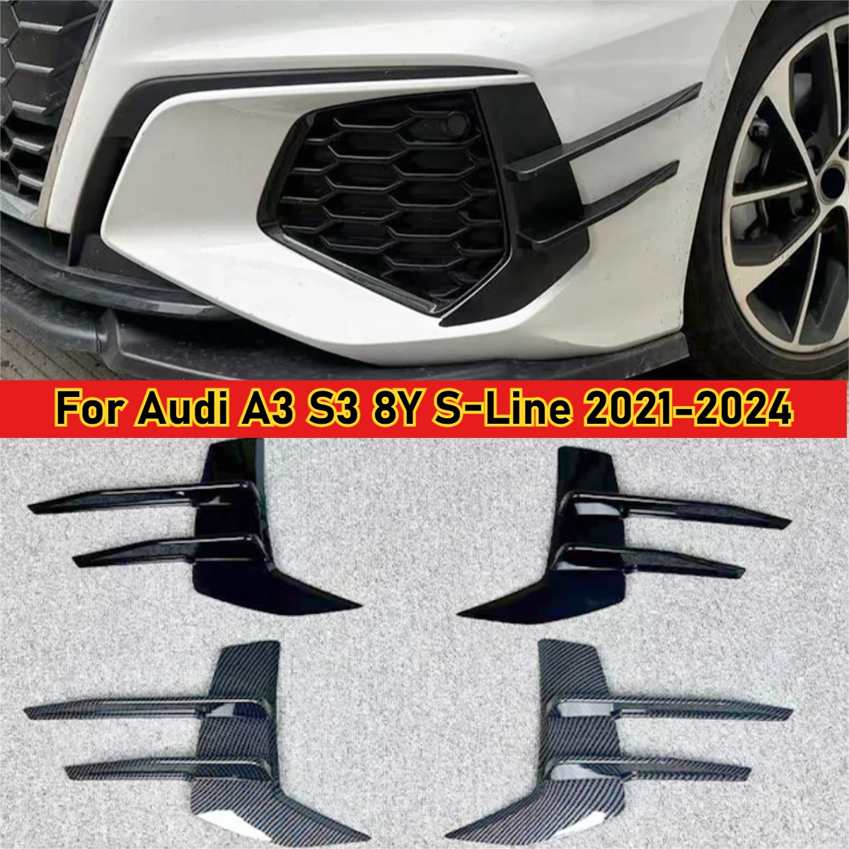 Für Audi A3 S3 8Y S-Line 2021-2024 Glänzend Schwarz Carbon Look Front Bumper Lip Spoiler Splitter Canards Vents Wind Messer Image