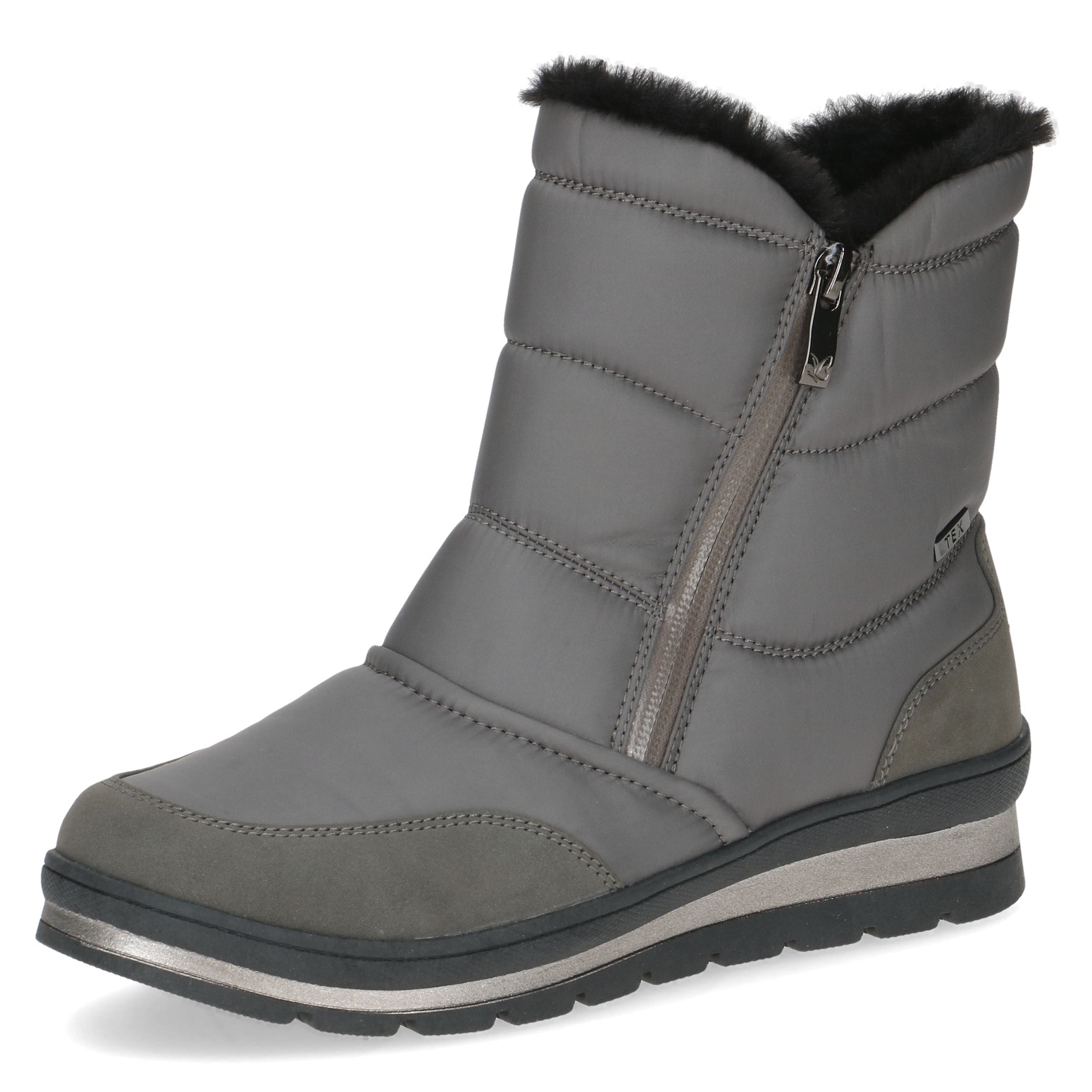 Snowboots CAPRICE, Damen, Gr. 40, grau, Synthetik, Schuhe Snowboots, Keilabsatz, Outdoorboots, Kurzstiefel mit Fellimitat am Schaftrand