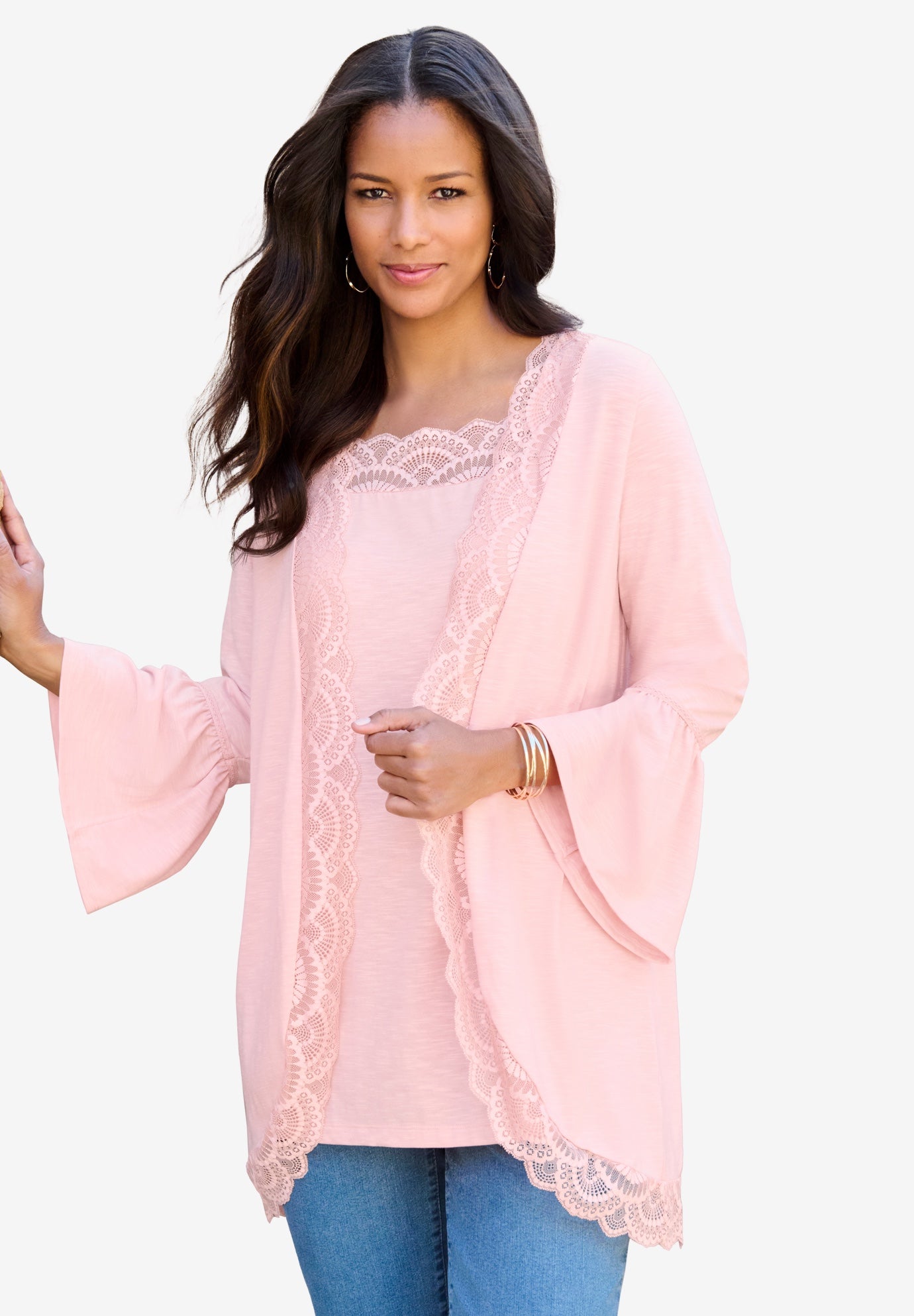 Plus Size Women's Lace-Detailed Cardigan and Tank Set by Roaman's in White (Size 14/16)