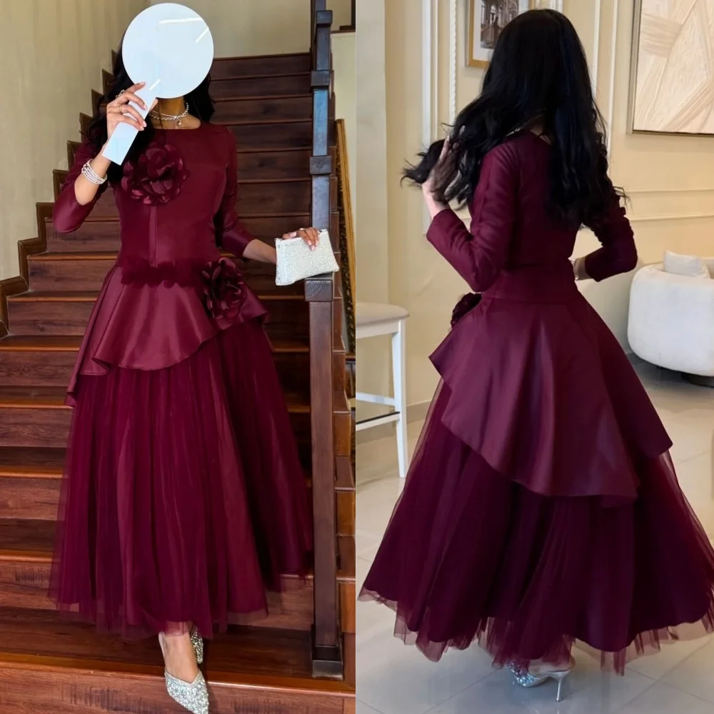 Customized Retro Exquisite Charmeuse Handmade Flower Ruffle Pleat Ball Gown O-Neck Ankle Length Dresses Bespoke Occasion Dresses