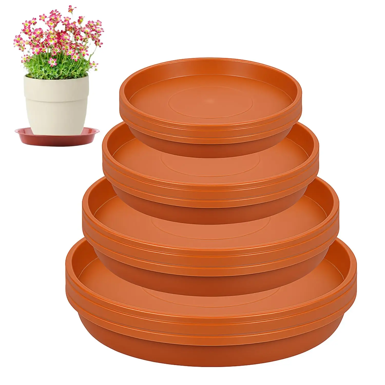 12er-Pack Blumentopf-Untertassen – 4 Größen (18/22/24/26 cm), Kunststoff-Tropfschalen, langlebig für Garten-Pflanztöpfe im Innen- und Außenbereich Image